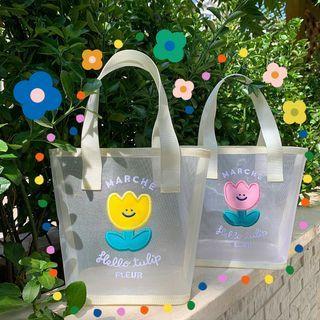 Cartoon Embroidered Mesh Shopper Bag