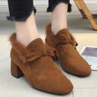 Bow-accent Faux Suede Faux Fur Trim Block Heel Ankle Boots