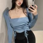 Long-sleeve Square Neck Drawstring Top