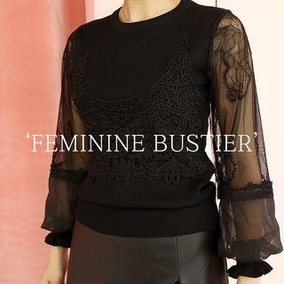 Mesh-sleeve Crochet-panel Knit Top