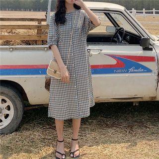 Elbow-sleeve Midi Plaid A-line Dress As Shown In Figure - One Size