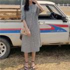 Elbow-sleeve Midi Plaid A-line Dress As Shown In Figure - One Size