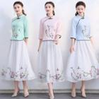 Embroidered 3/4-sleeve Hanfu Top / Midi Skirt / Set