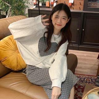 Long-sleeve Heart Print Sweatshirt + Patterned Skirt