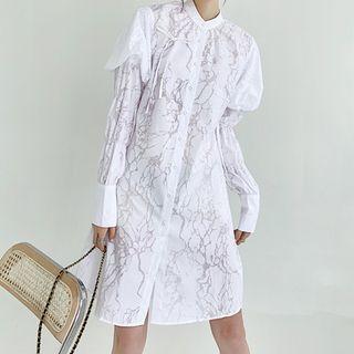 Long-sleeve Print Stand Collar Mini A-line Shirtdress