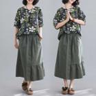 Short-sleeve Floral Print Top / Shirred Midi A-line Skirt