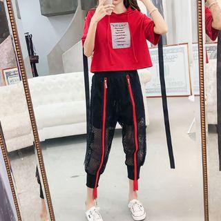 Set: Applique Hooded Short-sleeve T-shirt + Zip Detail Mesh Harem Pants