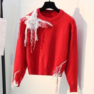 Flower-accent Ripped Sweater Red - One Size