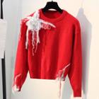 Flower-accent Ripped Sweater Red - One Size