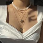 Alloy Disc Pendant Faux Pearl Layered Necklace 1 Pc - 0549 - Gold - One Size