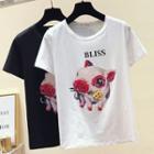 Short-sleeve Pig Embroidered T-shirt