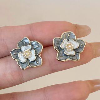 Floral Sterling Silver Ear Stud 1 Pair - Grayish Blue - One Size