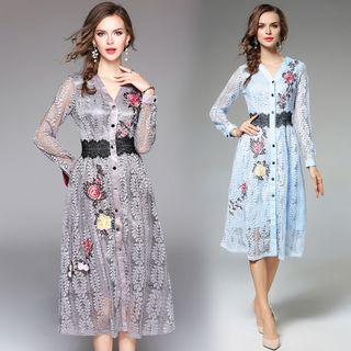 Floral Embroidered Single-breasted V-neck Slim Lace Dress
