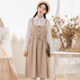 Set: Plain Shirt + Drawstring Waist Midi Pinafore Dress