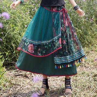 Tasseled Midi Floral Embroidered A-line Skirt Green - One Size