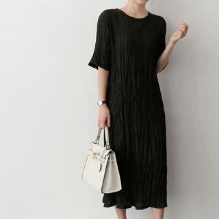 Elbow-sleeve Crinkled Long Dress