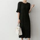 Elbow-sleeve Crinkled Long Dress