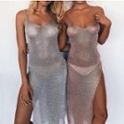 Shimmer Knitted Side-slit Spaghetti Strap Cover-up