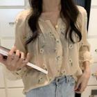 Long-sleeve Floral Embroidered Buttoned Blouse Almond - One Size