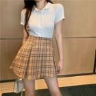 Short-sleeve Plain Top / High-waist Pleated Plaid Skirt