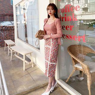 Contrast-trim Long Floral Skirt