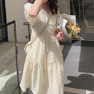 Set: V-neck Elbow-sleeve A-line Dress + Slipdress