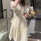 Set: V-neck Elbow-sleeve A-line Dress + Slipdress