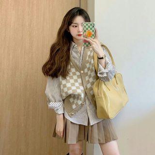 Striped Shirt / Checkered Button-up Sweater Vest