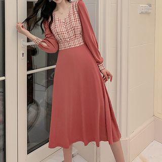 Long-sleeve Plaid-panel Midi A-line Dress