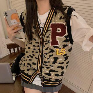 Color Block Lettering Leopard Print Print Knit Vest Leopard Print - Beige - One Size