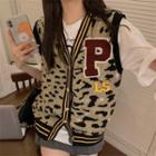 Color Block Lettering Leopard Print Print Knit Vest Leopard Print - Beige - One Size