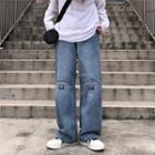 Smiley Embroidered Wide Leg Jeans