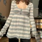 Long Sleeve Square-neck Striped Loose-fit T-shirt