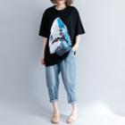 Elbow-sleeve Shark Print T-shirt Black - One Size