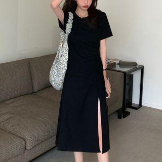 Short-sleeve Drawstring Slit Midi A-line Dress