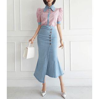 Buttoned Denim Long Mermaid Skirt