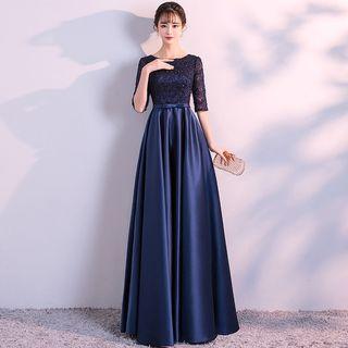 Bow Detail Elbow-sleeve A-line Cocktail Dress / Evening Gown