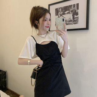 Short-sleeve Cropped T-shirt / Spaghetti-strap Mini A-line Dress