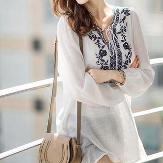 Long-sleeve Tie-neck Embroidered Top White - One Size