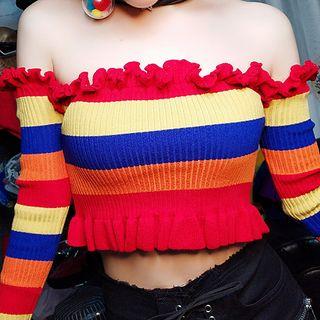 Striped Off-shoulder Crop Knit Top Stripe - Multicolor - One Size