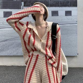 Striped Collared Cardigan 7732 - Red & Almond - One Size