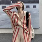 Striped Collared Cardigan 7732 - Red & Almond - One Size