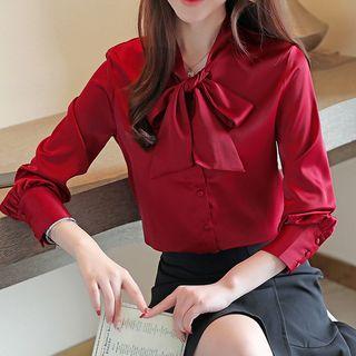 Long-sleeve Tie-neck Satin Blouse