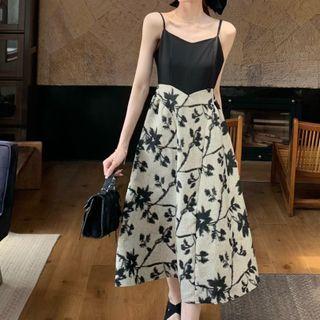Puff-sleeve Floral Print Panel A-line Dress / Spaghetti Strap Paneled Midi Dress