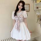 Set: Puff-sleeve Plain Mini A-line Dress + Floral Bow-front Cropped Camisole Top