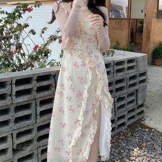 Spaghetti-strap Floral Ruffle Trim Slit Midi Dress / Plain Cropped Cardigan