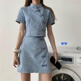 Short-sleeve Frog-buttoned Denim Crop Top / A-line Mini Skirt