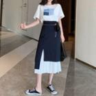 Short-sleeve Printed T-shirt / Pleated Panel Midi Skirt