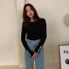 Long-sleeve Button Accent Knit Top Black - One Size