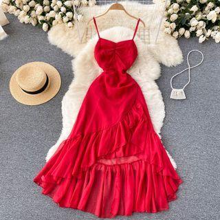 Asymmetrical Ruffle Spaghetti-strap Dress